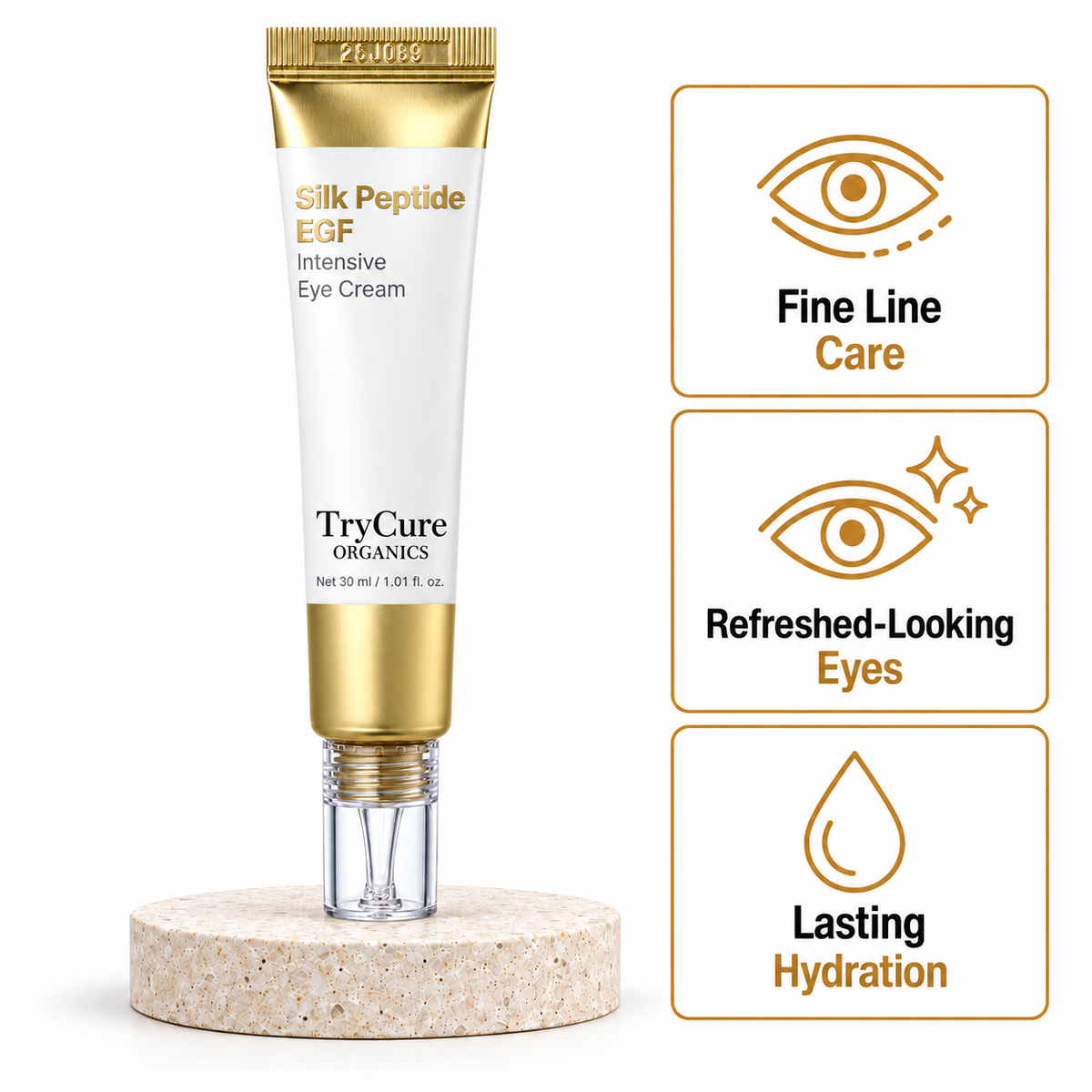 TryCure® Silk Peptides Eye Cream — product hero with three benefit cards on a white background