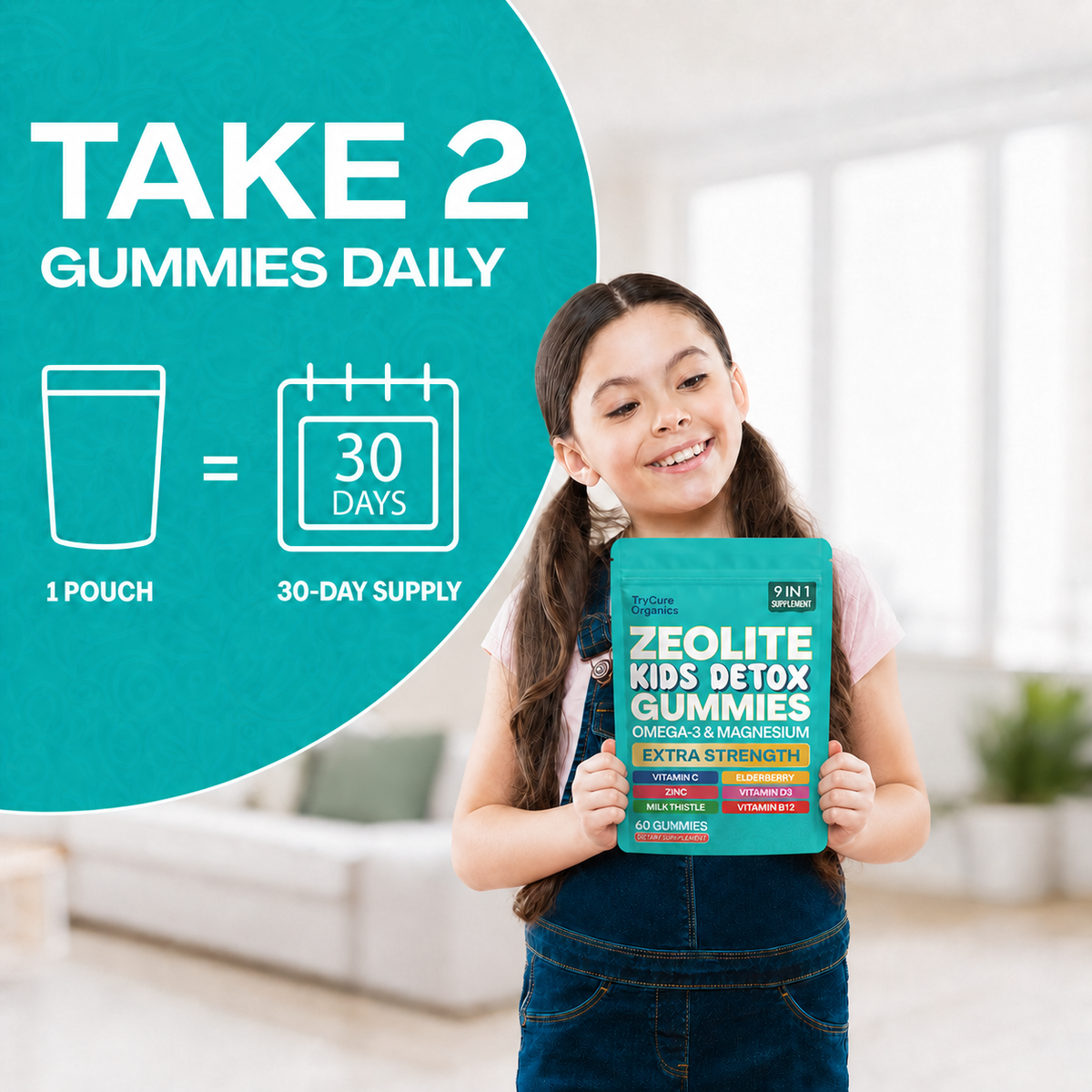 Child holding TryCure Zeolite Kids Detox Gummies beside a daily serving graphic.