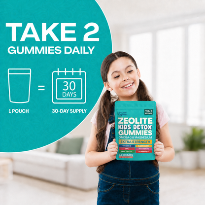 Child holding TryCure Zeolite Kids Detox Gummies beside a daily serving graphic.