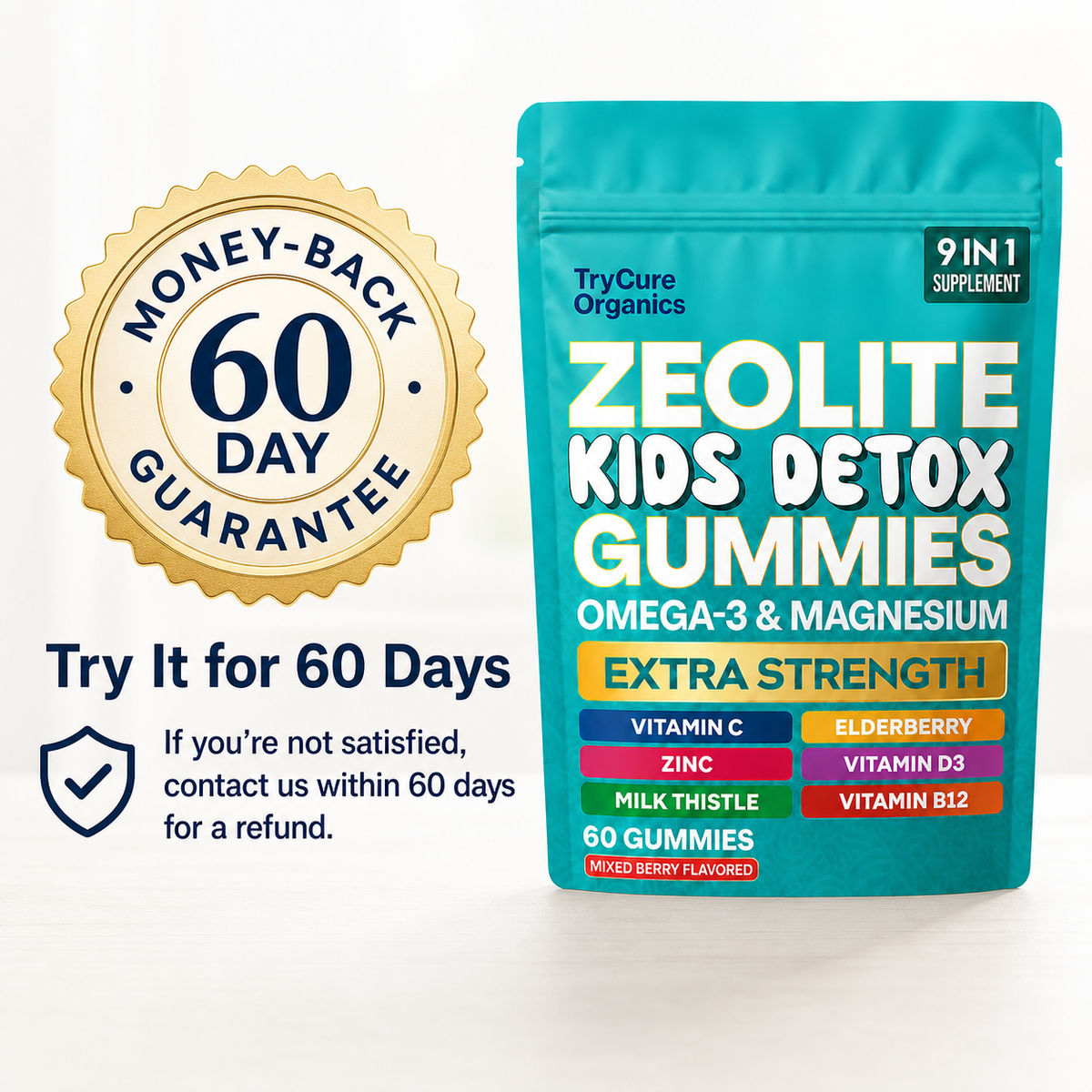 TryCure Zeolite Kids Detox Gummies pouch with a 60-day guarantee badge.