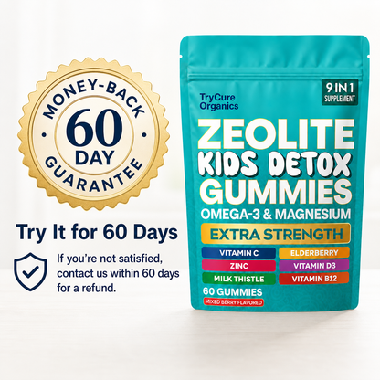 TryCure Zeolite Kids Detox Gummies pouch with a 60-day guarantee badge.