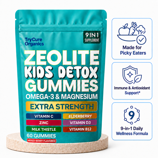 TryCure Zeolite Kids Detox Gummies pouch with four product icons.
