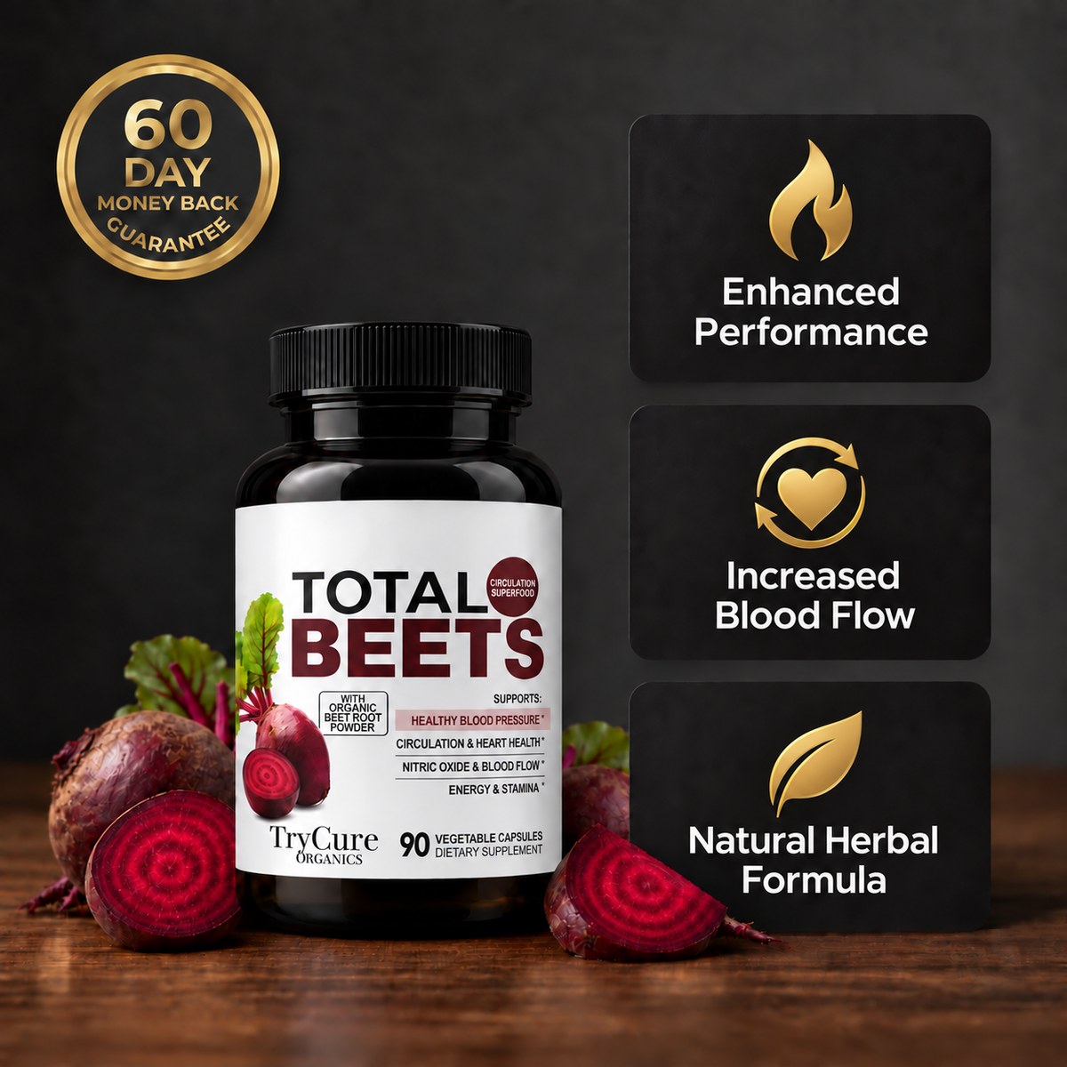 Total Beets bottle with beets and gold feature icons.