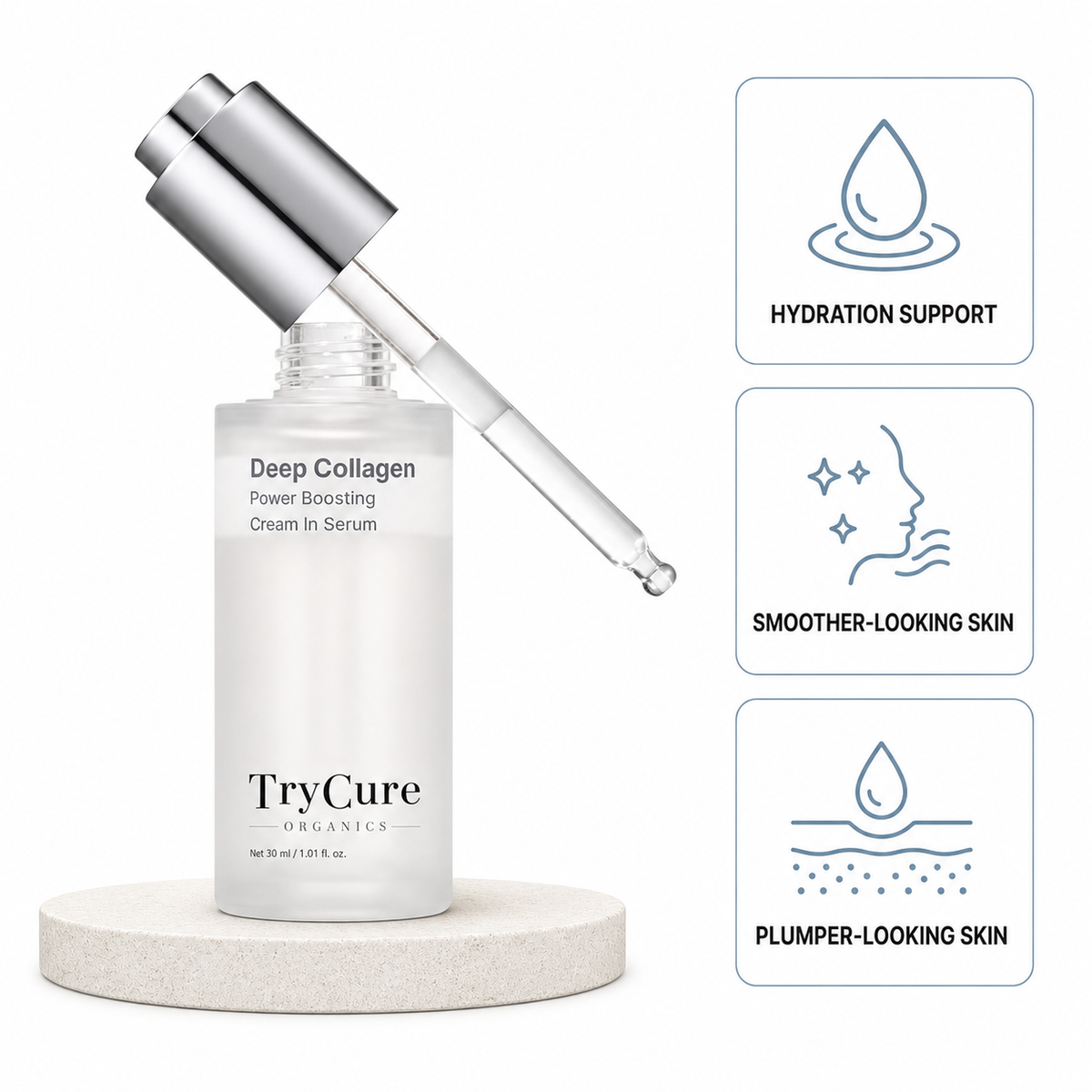 TryCure Deep Collagen Serum bottle with glass dropper.