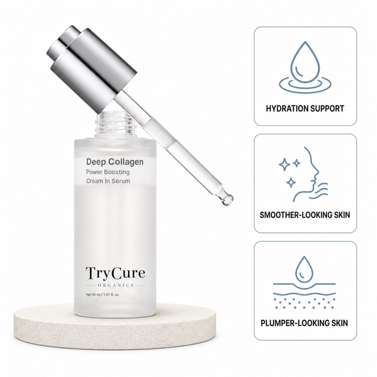 TryCure Deep Collagen Serum bottle with glass dropper.