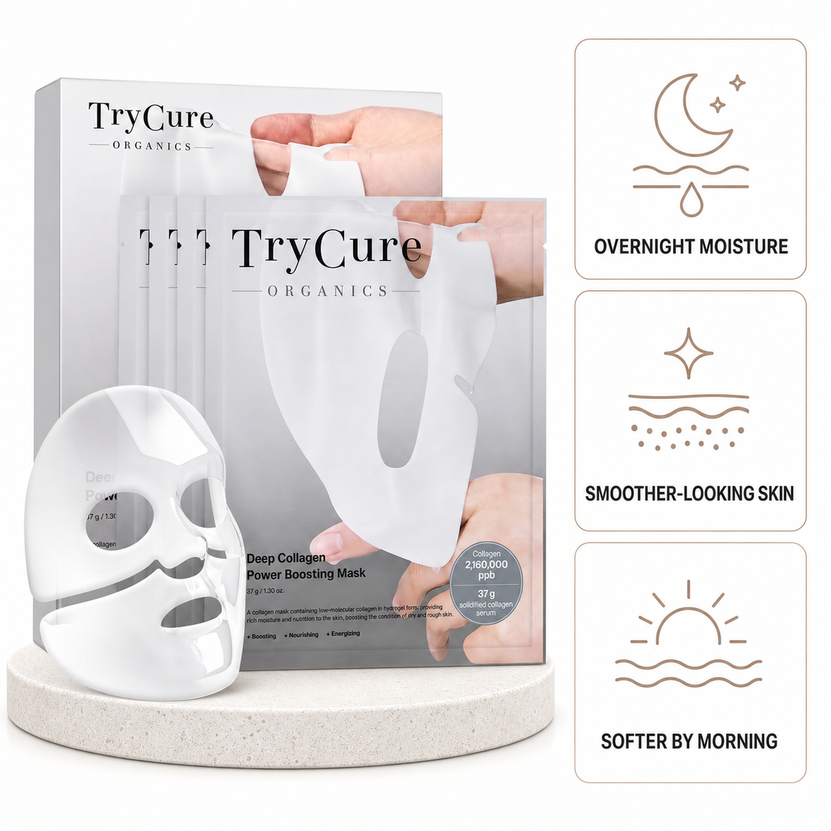TryCure Deep Collagen Overnight Mask packaging and unfolded sheet mask.