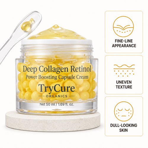 TryCure Deep Collagen Retinol Capsule Cream jar with yellow capsules.