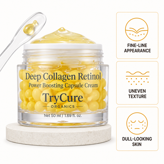 TryCure Deep Collagen Retinol Capsule Cream jar with yellow capsules.
