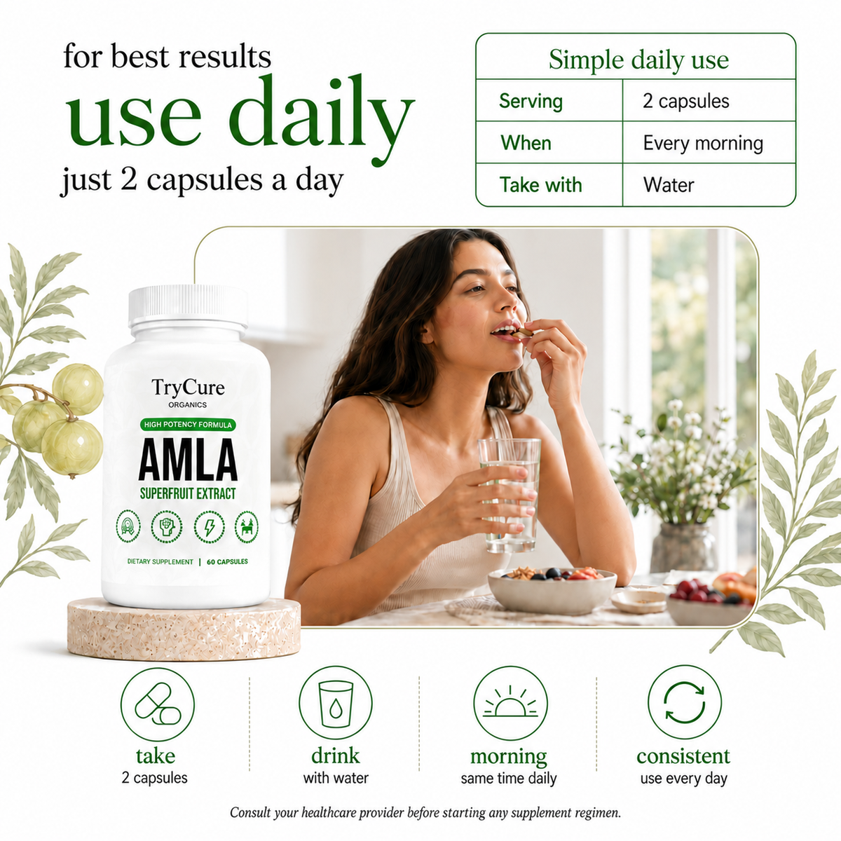 TryCure® Amla Superfruit Extract product carousel image 5 of 7: how to use.