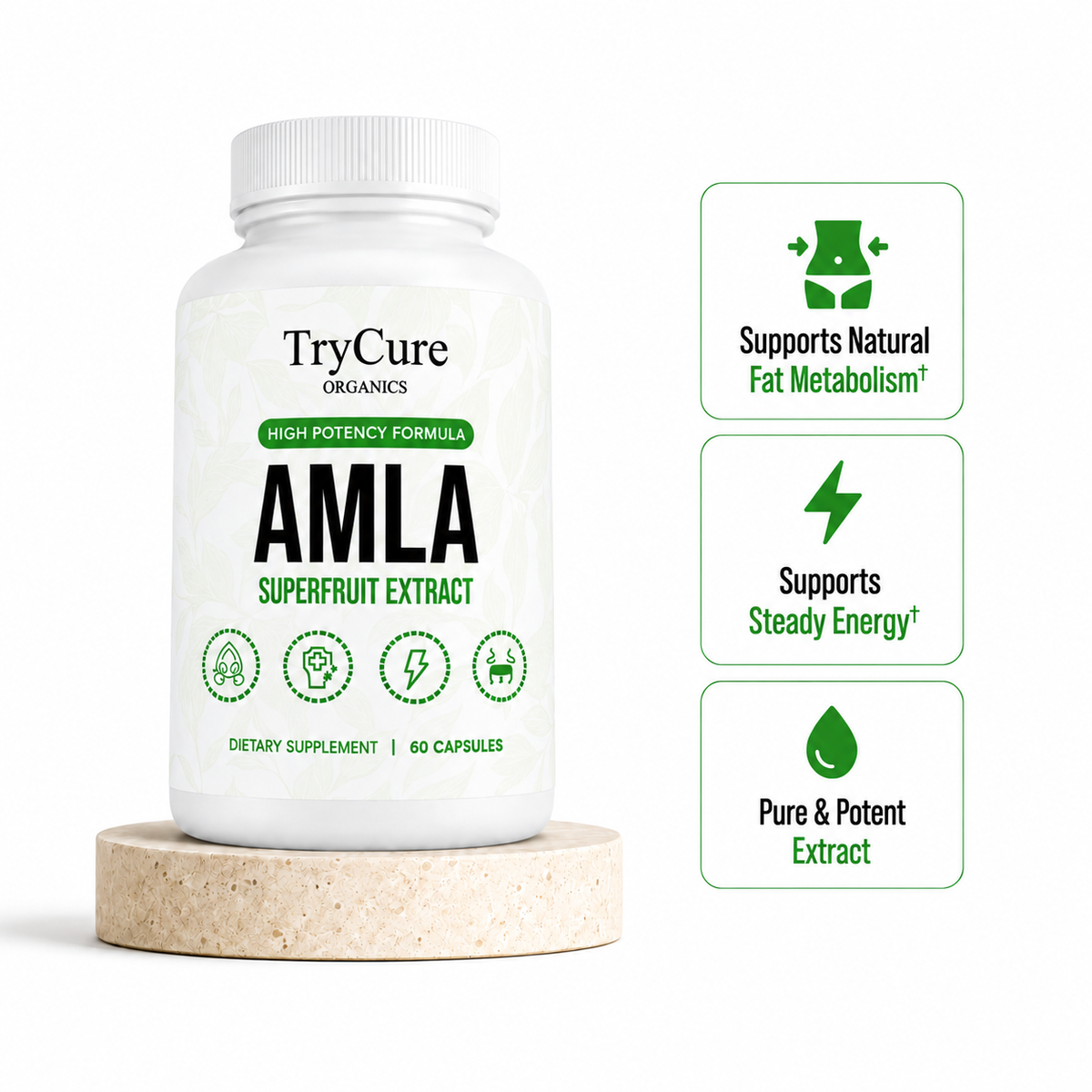 TryCure® Amla Superfruit Extract bottle with three key benefit icons.