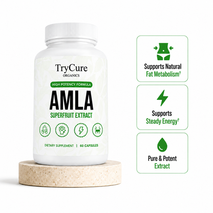 TryCure® Amla Superfruit Extract bottle with three key benefit icons.