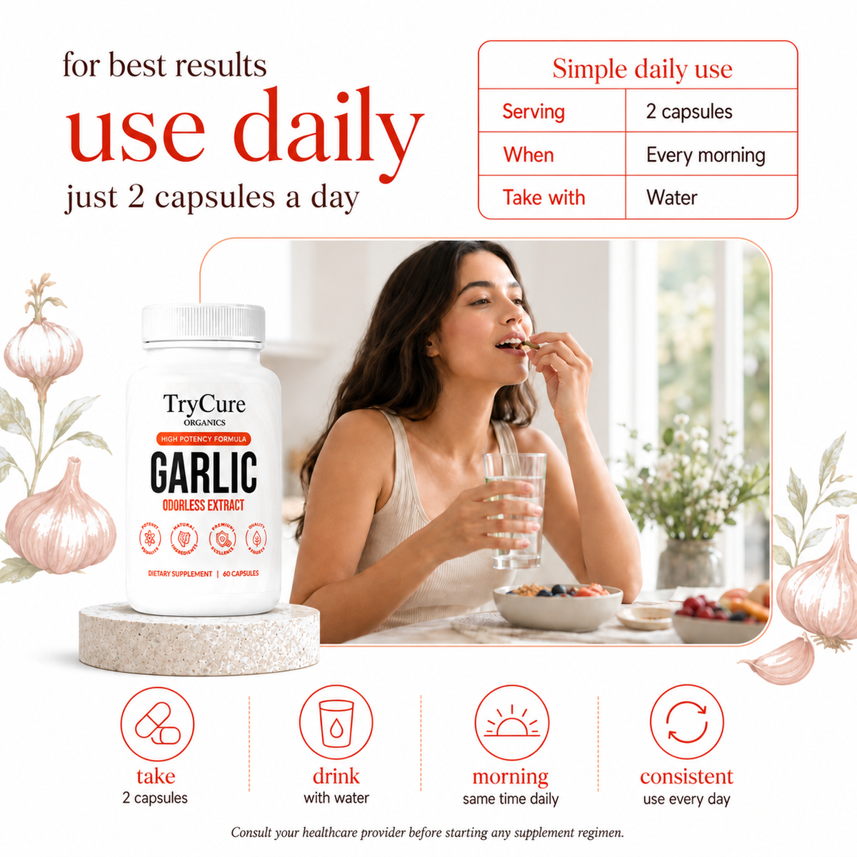 TryCure® Odorless Garlic Extract product carousel image 5 of 7: how to use.