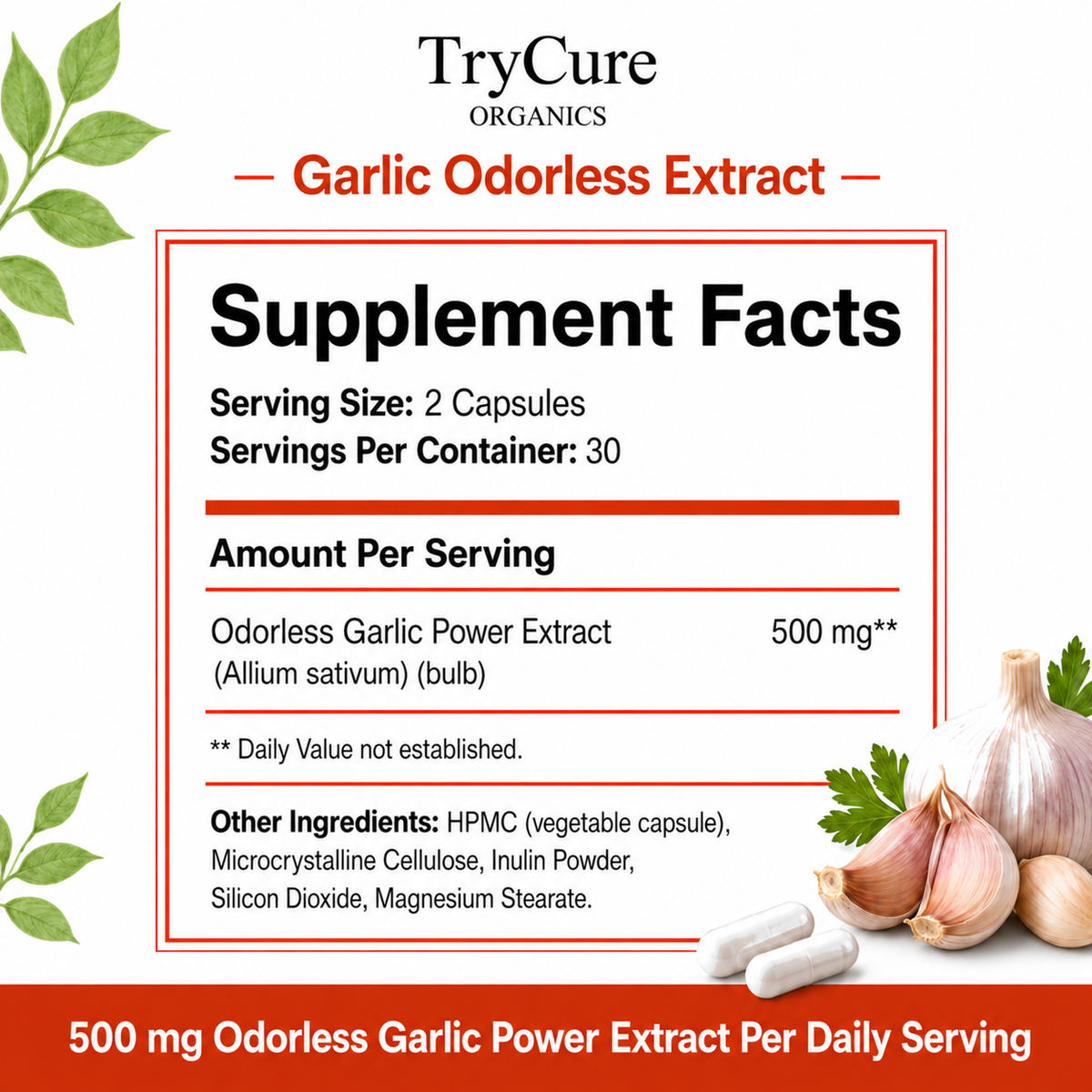 TryCure® Odorless Garlic Extract product carousel image 6 of 7: supplement facts.