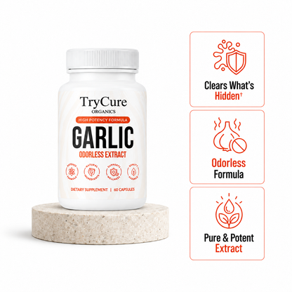 TryCure® Odorless Garlic Extract bottle with three key benefit icons.