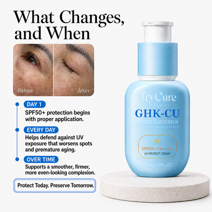 Daily SPF50+ protection timeline and supported skin appearance changes over time.