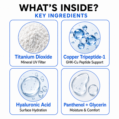 TryCure® GHK-CU sunscreen key ingredients and their cosmetic roles.