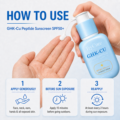 How to apply and reapply TryCure® GHK-CU Peptide Sunscreen SPF50+.