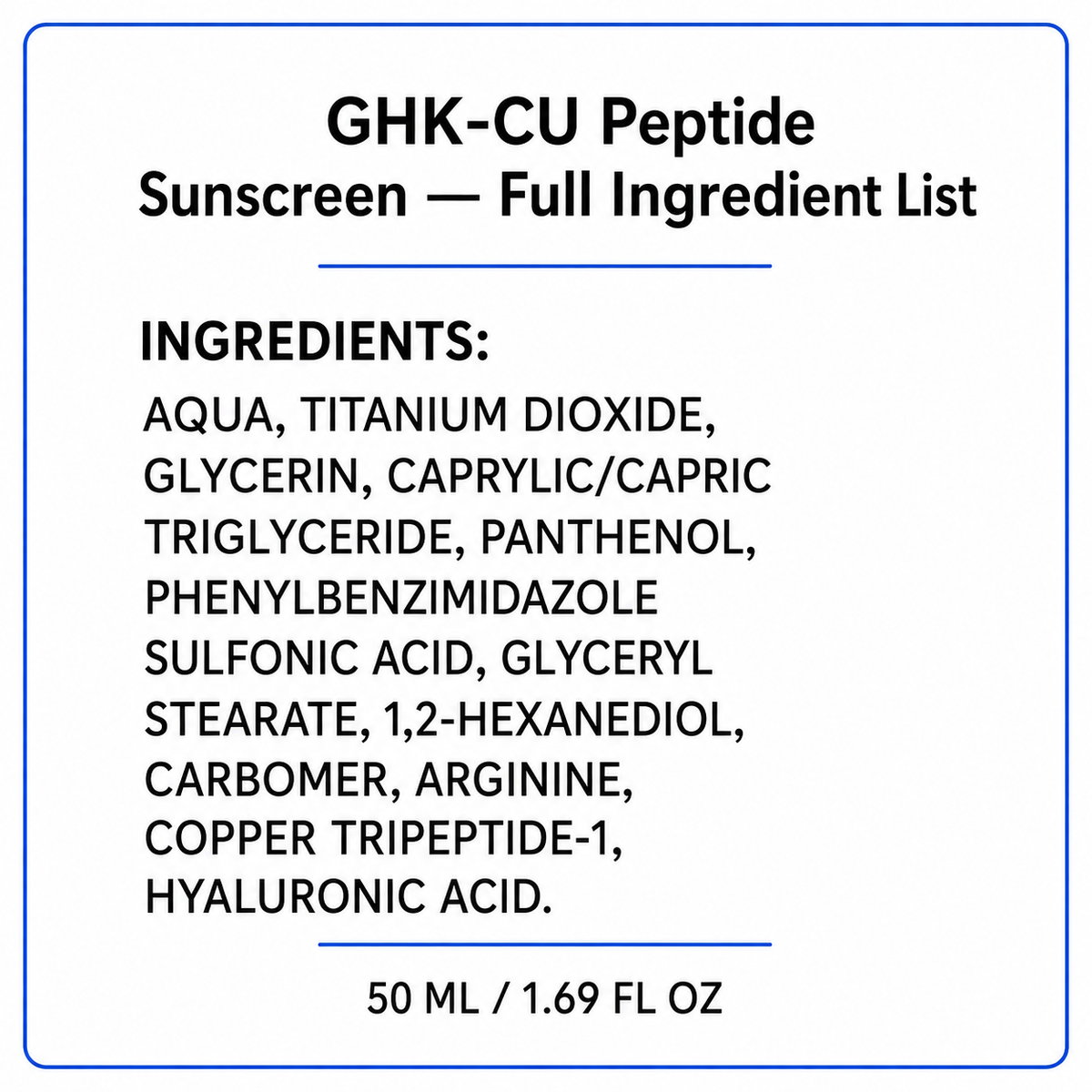 TryCure® GHK-CU Peptide Sunscreen full ingredient list.