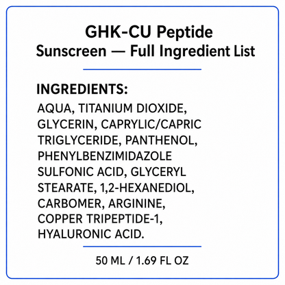 TryCure® GHK-CU Peptide Sunscreen full ingredient list.