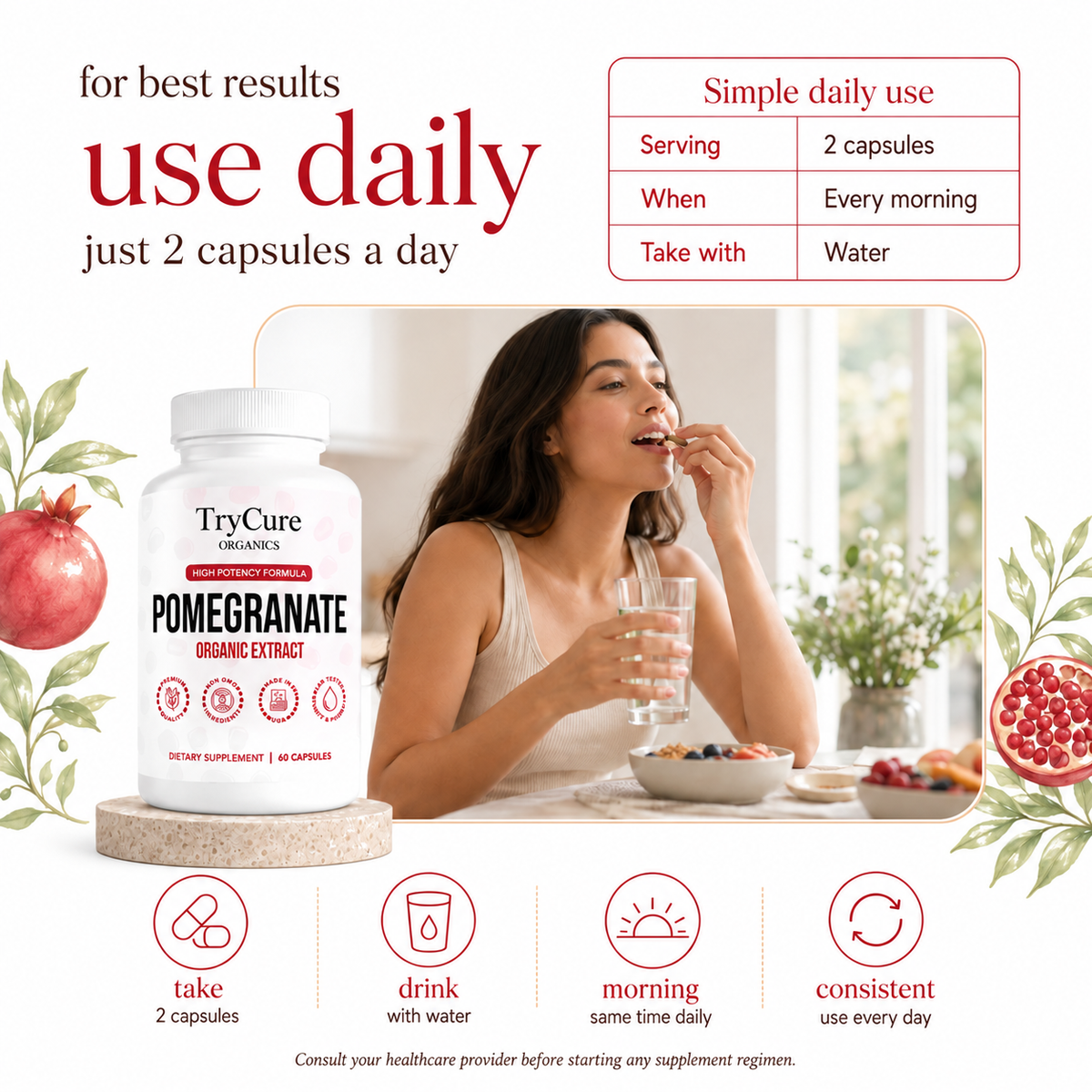 TryCure® Pomegranate Extract product carousel image 5 of 7: how to use.