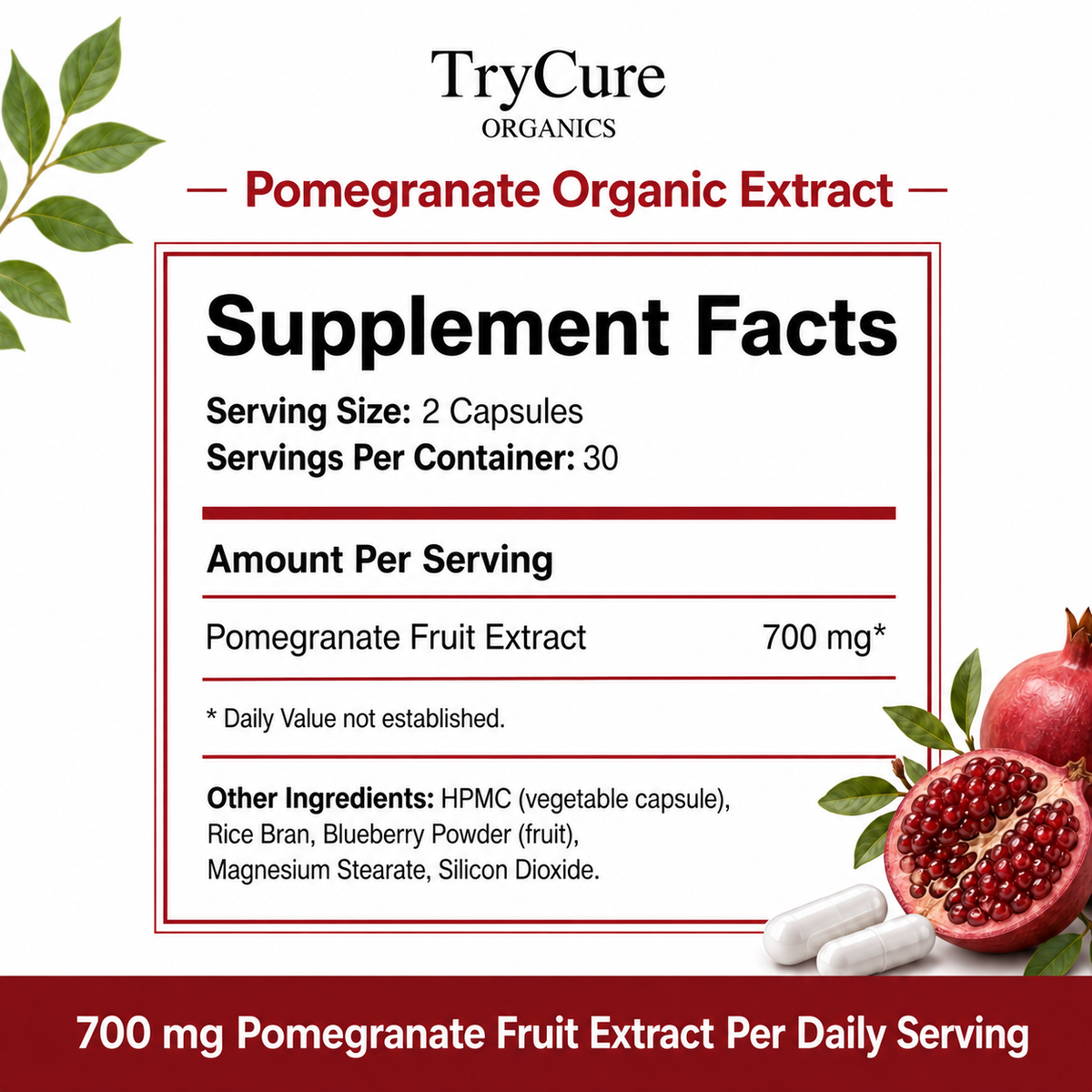 TryCure® Pomegranate Extract product carousel image 6 of 7: supplement facts.