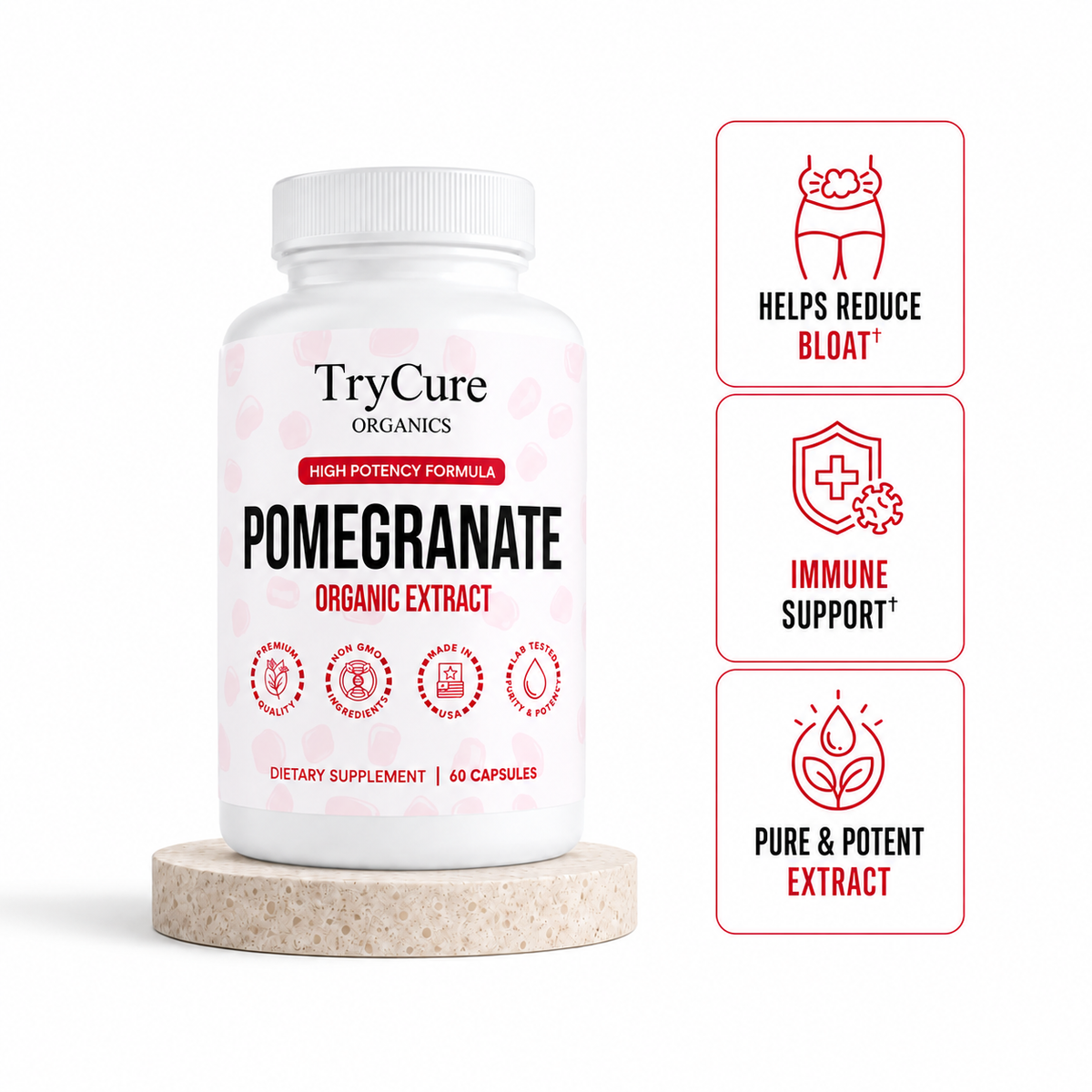 TryCure® Pomegranate Extract bottle with three key benefit icons.