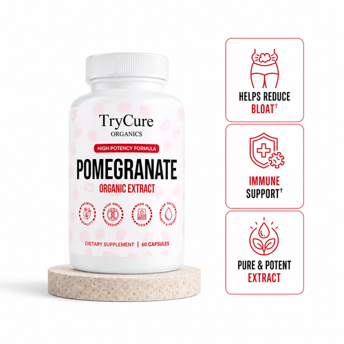 TryCure® Pomegranate Extract bottle with three key benefit icons.
