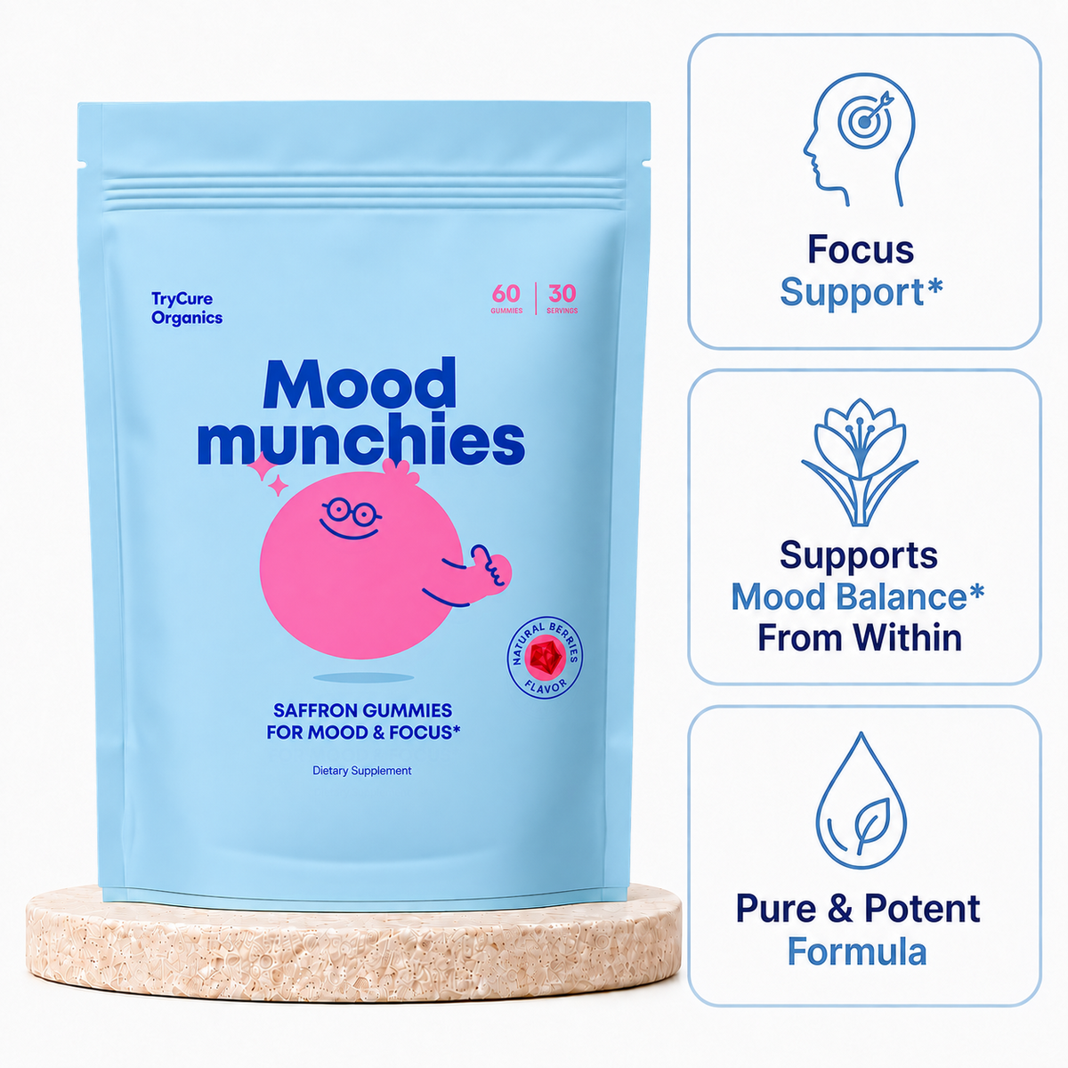 TryCure Mood Munchies Saffron Gummies pouch with three product icons.