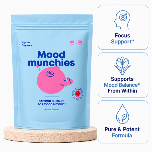 TryCure Mood Munchies Saffron Gummies pouch with three product icons.