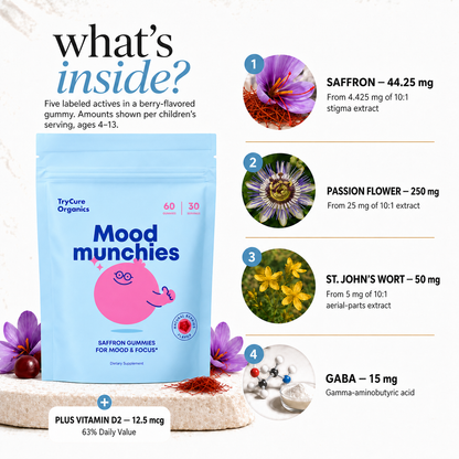 TryCure Mood Munchies pouch with five ingredient callouts.