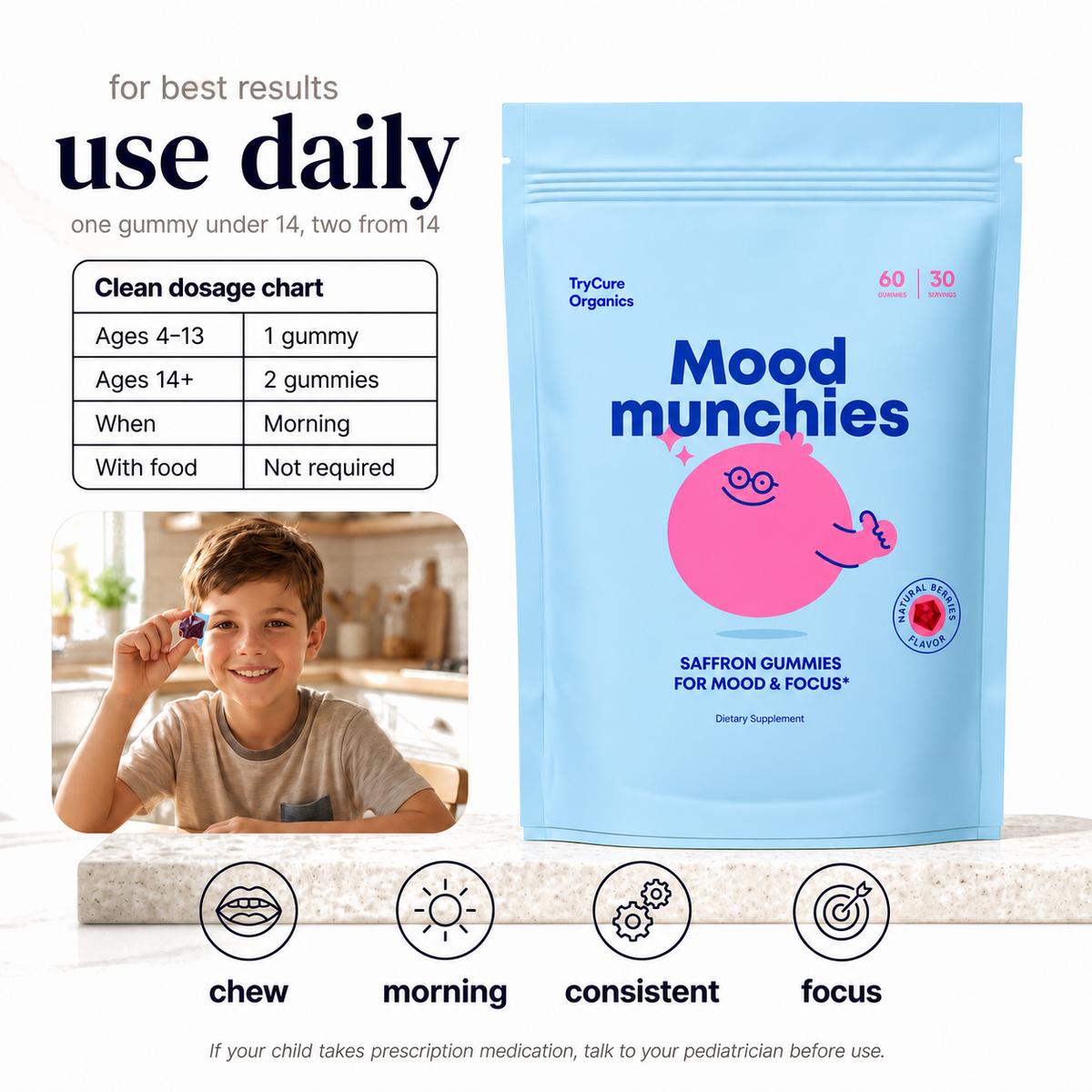 Boy holding a gummy beside TryCure Saffron Gummies daily serving guide.