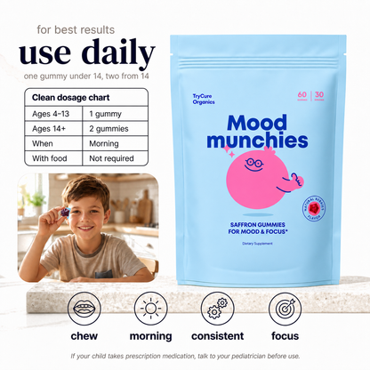 Boy holding a gummy beside TryCure Saffron Gummies daily serving guide.