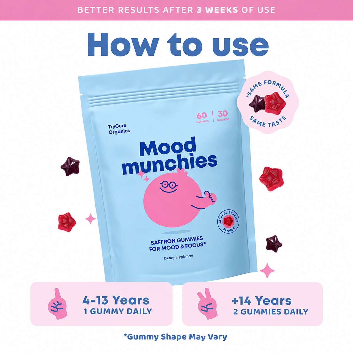 TryCure Mood Munchies pouch with age-based serving instructions.
