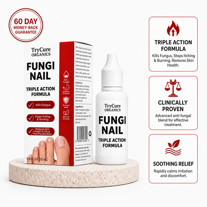 TryCure® Herbal Toenail Fungus Treatment bottle with targeted nail-care details and a 60-day money-back guarantee.