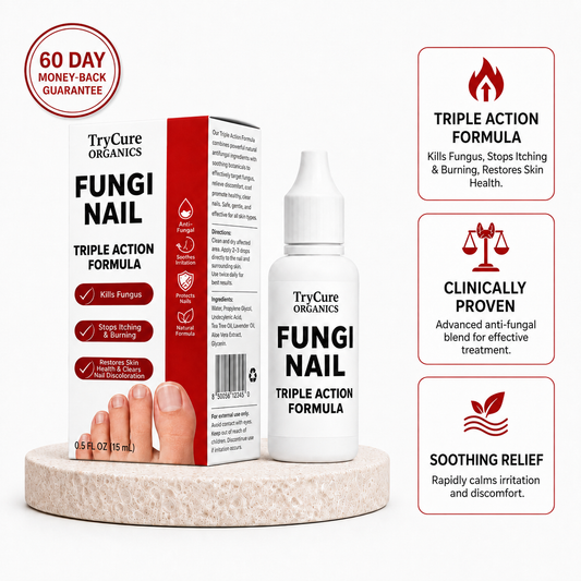 TryCure® Herbal Toenail Fungus Treatment bottle with targeted nail-care details and a 60-day money-back guarantee.