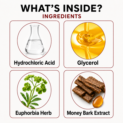 TryCure® highlighted ingredients: hydrochloric acid, glycerol, Euphorbia herb, and money bark extract.