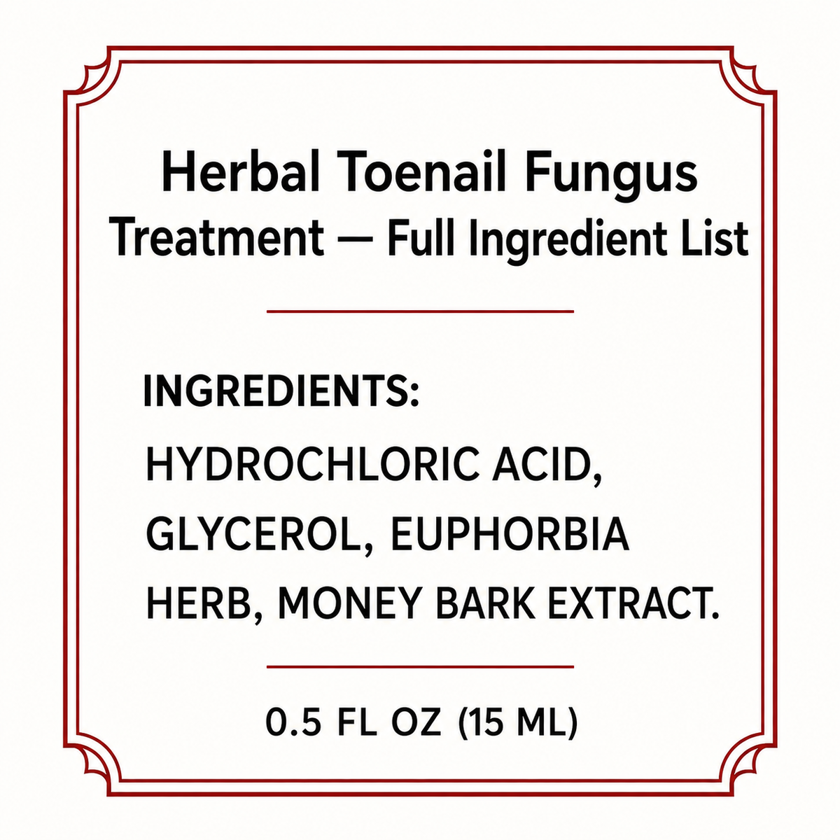 TryCure® full ingredient panel listing hydrochloric acid, glycerol, Euphorbia herb, and money bark extract.