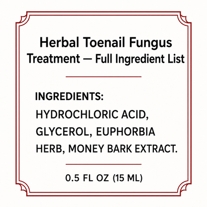 TryCure® full ingredient panel listing hydrochloric acid, glycerol, Euphorbia herb, and money bark extract.